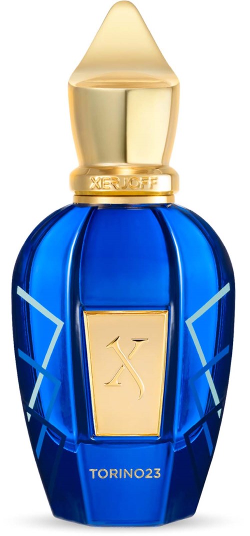 Een blauw parfumfles met gouden dop en label, met de tekst 'TORINO23' en een decoratief patroon.