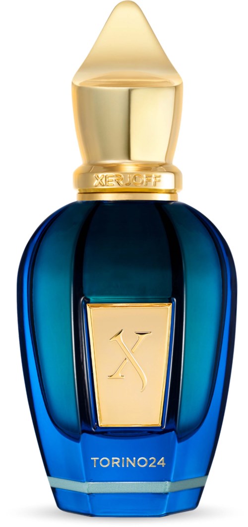 Een luxe parfumfles met een blauw glazen lichaam, gouden details en een slanke gouden dop.