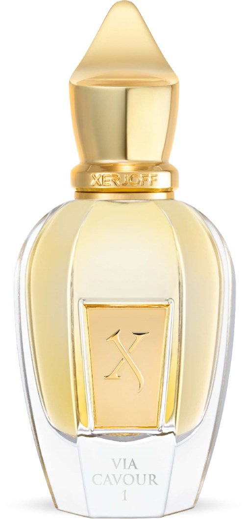 A perfume bottle with a gold cap, clear glass, and a gold label. The bottle is elegant and shiny.