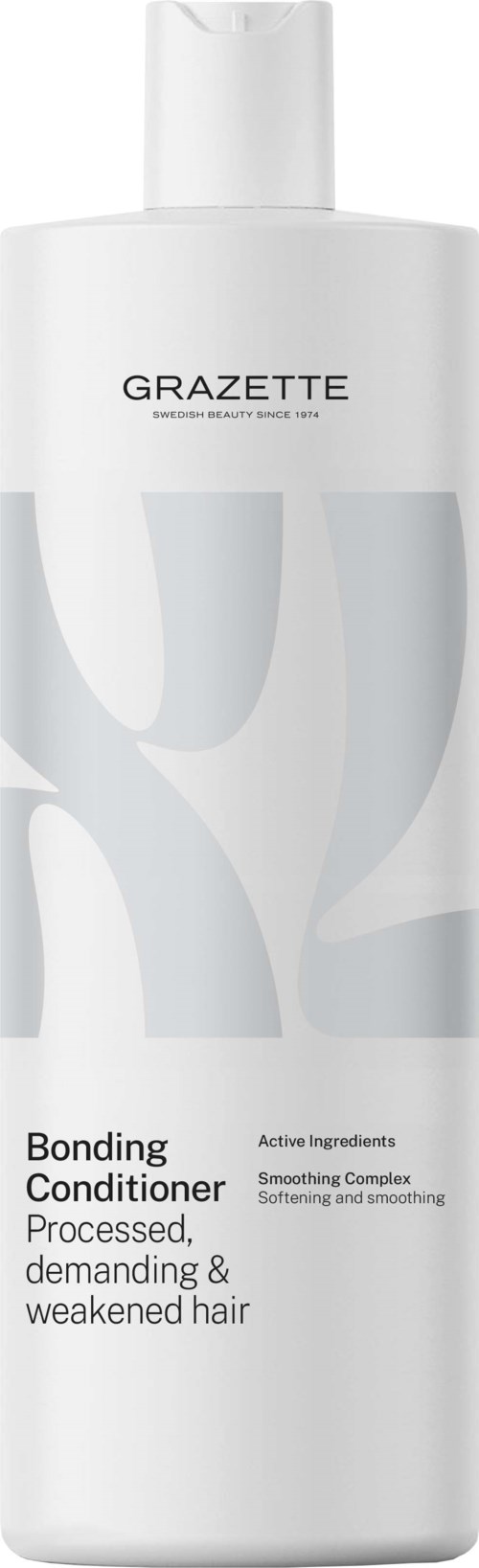 Een witte fles met het label 'GRAZETTE Bonding Conditioner' en tekst over haarverzorging.