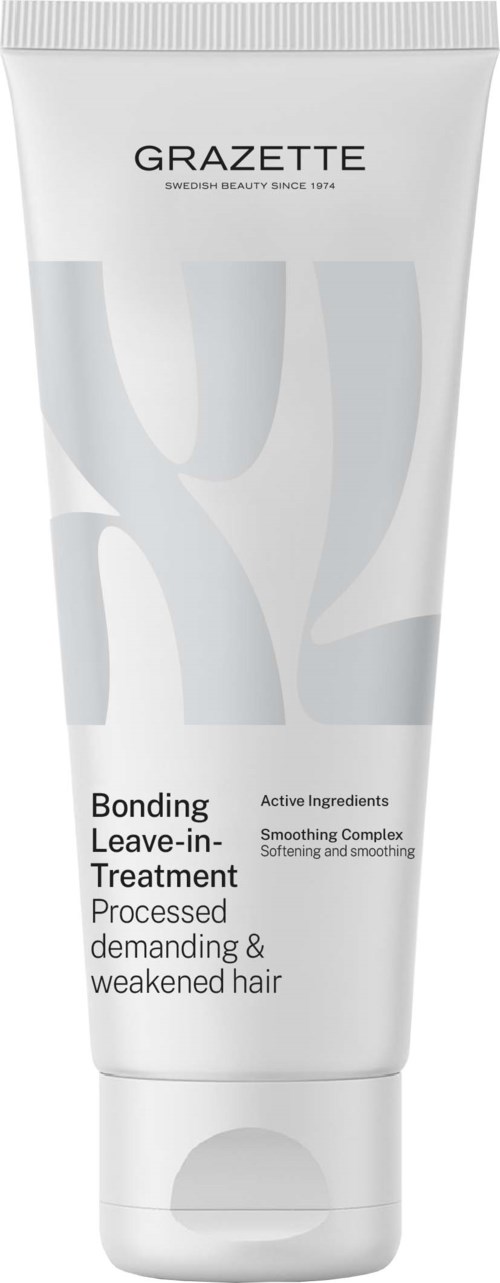 Een witte tube met het label Grazette Bonding Leave-in Treatment voor verzwakt haar met smoothing complex.