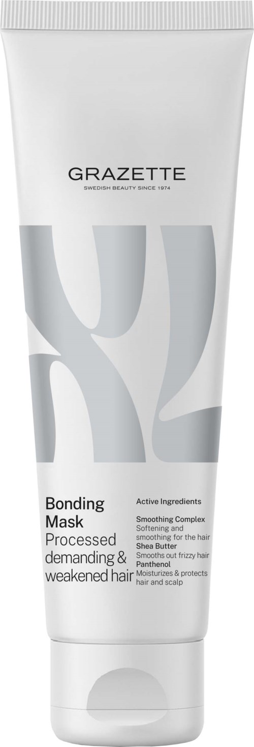 A white tube of GRAZETTE Bonding Mask with grey designs and black text, claiming to soften and strengthen hair.