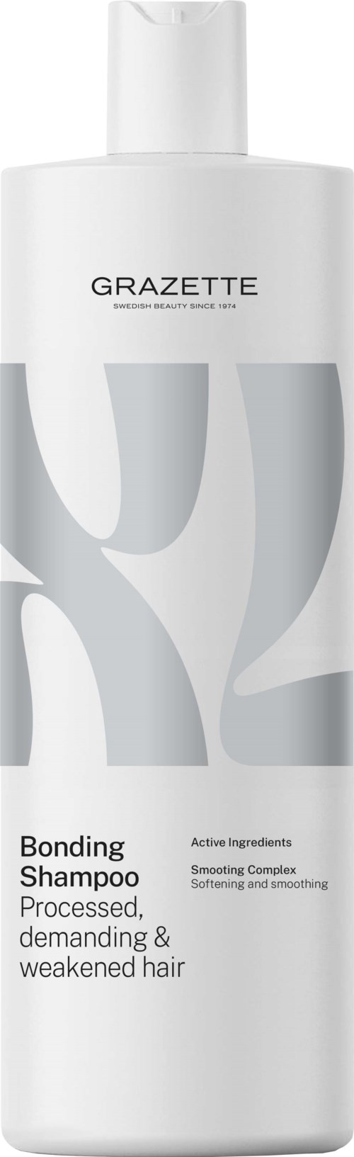 Een witte fles Grazette Bonding Shampoo met grijze en zwarte tekst, ontworpen voor verzwakt haar.