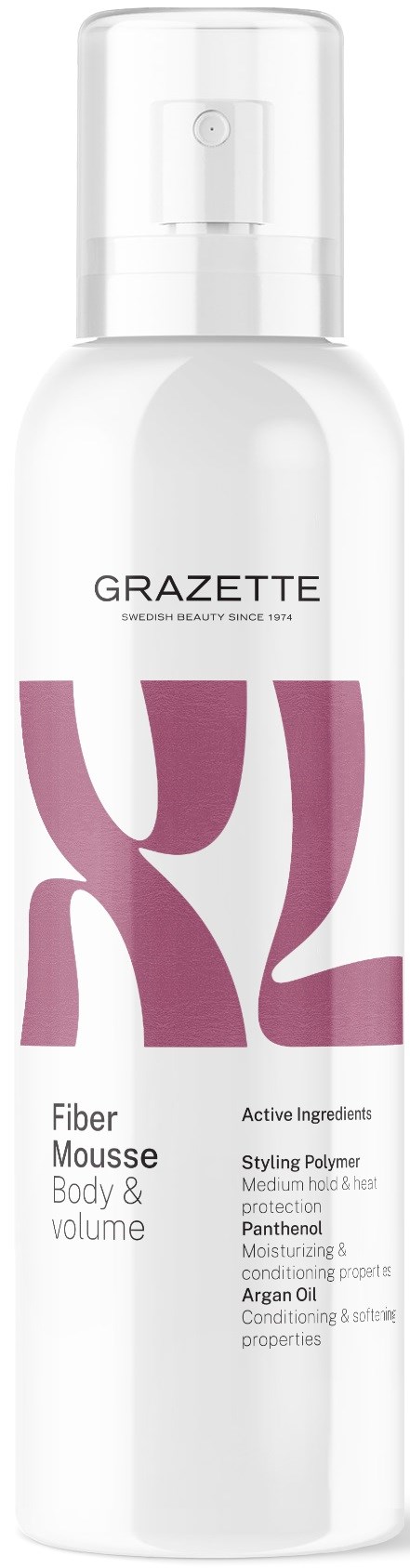 Een witte fles met roze en zwarte tekst, gelabeld GRAZETTE fiber mousse voor lichaam en volume, met spraydop.