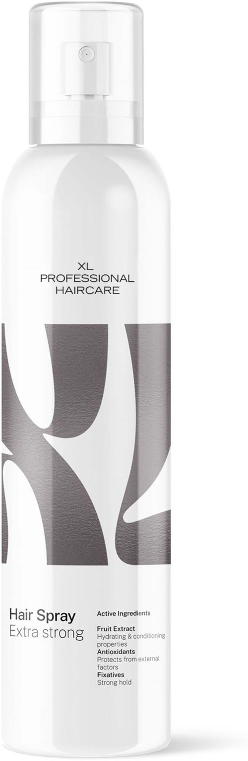 Vit sprayflaska med svart och grå text och design för XL Professional Haircare Hårspray Extra Stark.