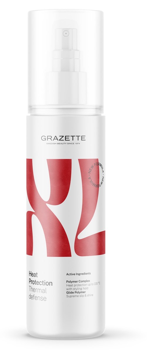 Eine weiße Sprühflasche mit rot und schwarzem Text, namens Grazette, bietet Hitzeschutz und thermische Verteidigung für Haare.