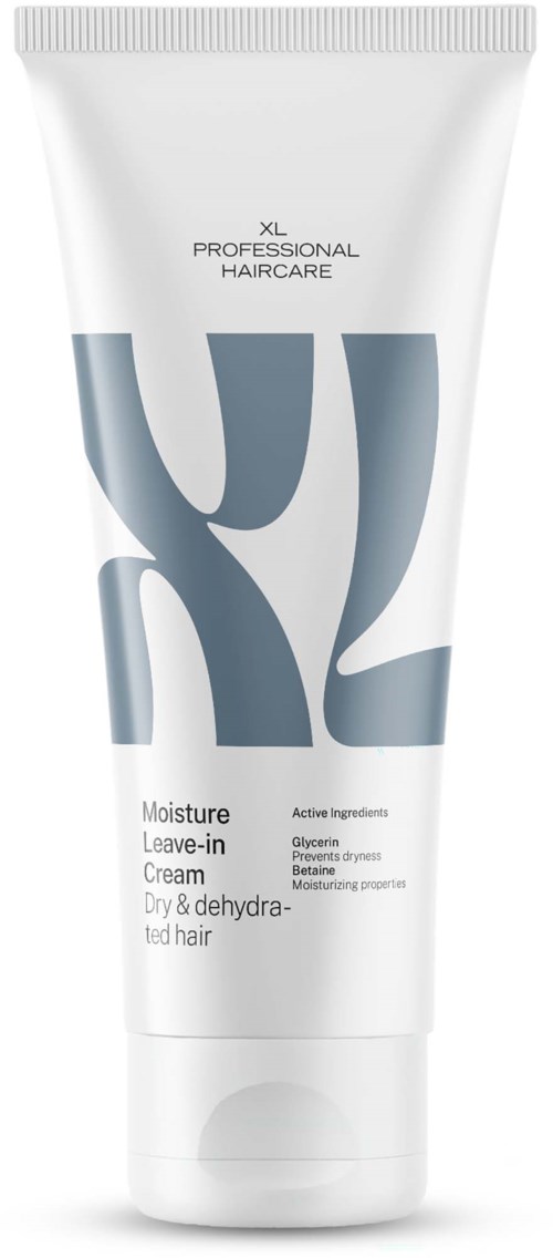 A white tube of hair cream with gray text, labeled as moisture leave-in cream for dry and dehydrated hair.