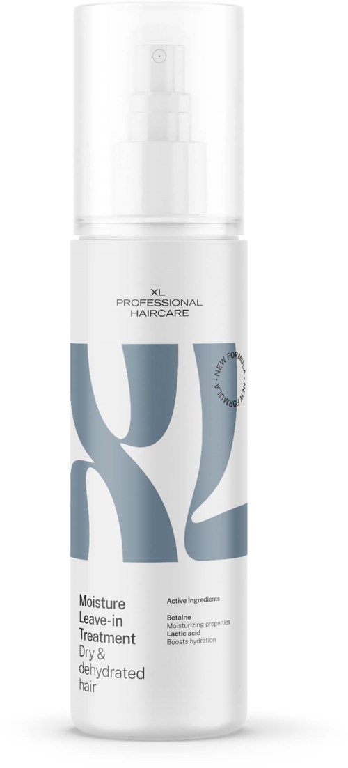 White spray bottle labeled moisture leave-in treatment for dry and dehydrated hair. Contains active ingredients like biotin and elastic acid.