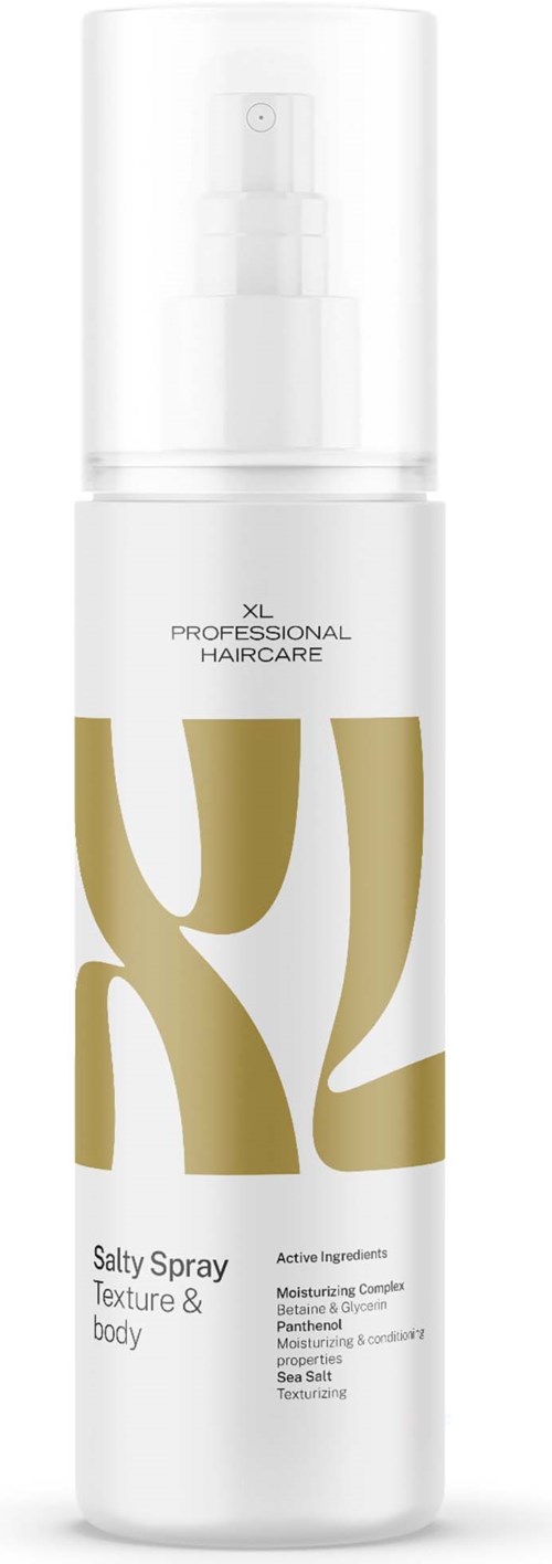 En hvit sprayflaske med gull- og svart tekst for Salty Spray Texture & Body hårpleieprodukt.