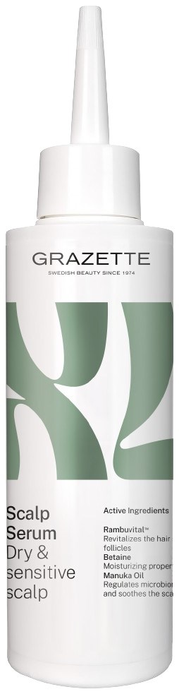 Eine weiße und grüne Flasche mit Kopfschweissserum, gekennzeichnet für trockene und empfindliche Kopfhaut.