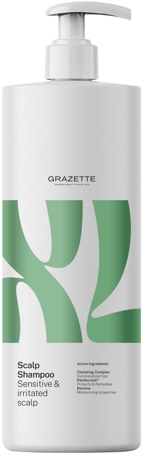 Een witte fles met pomp, gelabeld Grazette Scalp Shampoo voor gevoelige en geïrriteerde hoofdhuid.