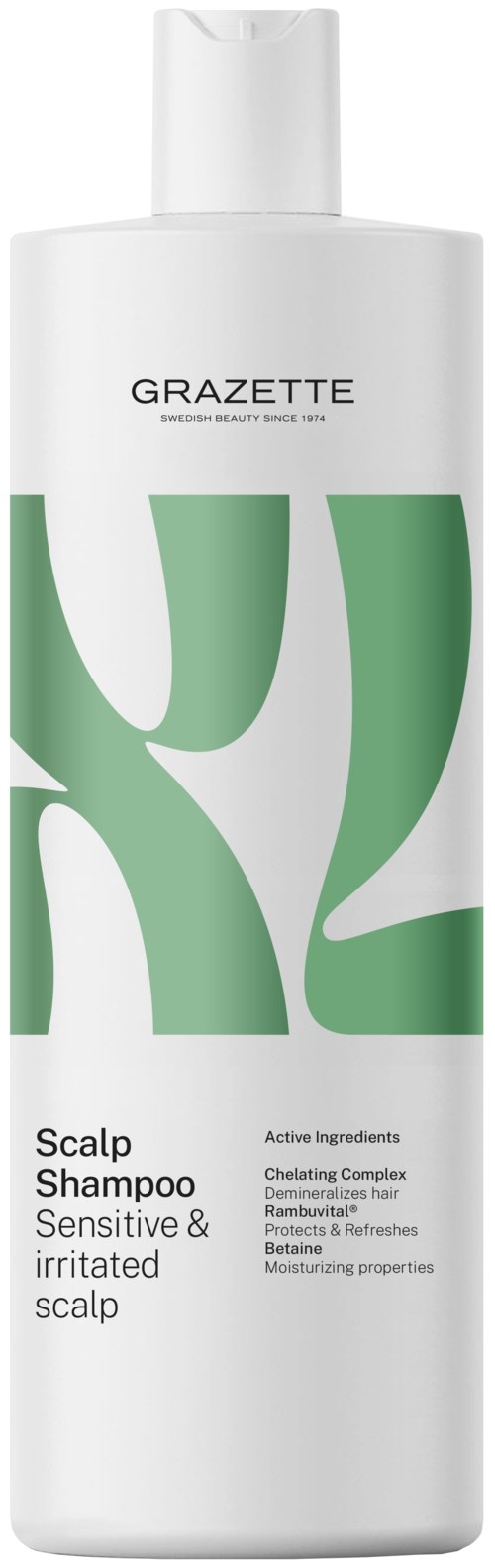 Een witte fles met label Grazette hoofdhuidshampoo voor gevoelige en geïrriteerde hoofdhuid met groen ontwerp en zwarte tekst.