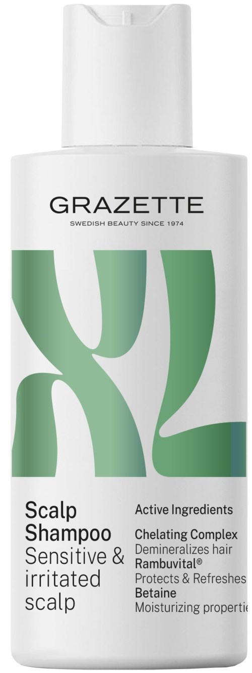 Een witte fles Grazzette Scalp Shampoo voor gevoelige, geïrriteerde hoofdhuid, met groen ontwerp en zwarte tekst.
