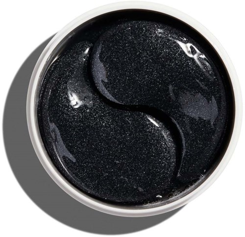 Ein Behälter mit schwarzem Nagellack-Gel, das ein glänzendes, funkelndes Yin-Yang-Design hat.