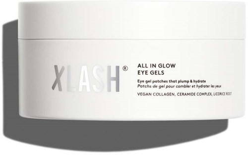 Ein weißer Behälter mit Xlash All in Glow Eye Gels, die versprechen, die Augen mit veganem Kollagen zu hydratisieren und zu füllen.