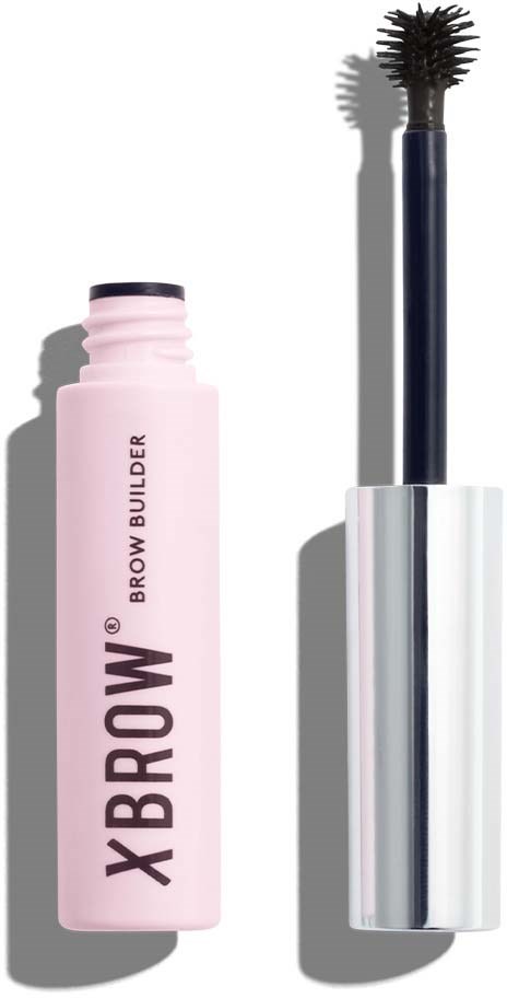 Een roze tube met de tekst XBROW Brow Builder en een zwarte spoolie-applicator.