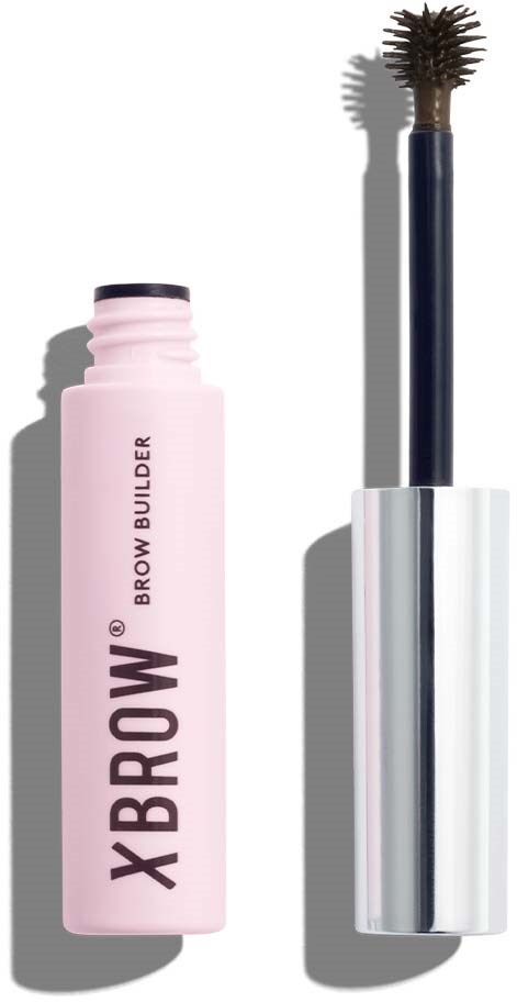 Een roze tube met 'X BROW' erop en een zwarte kwast voor wenkbrauw make-up.
