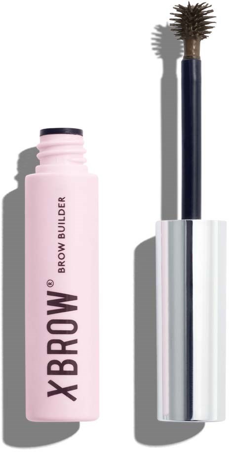 Roze tube met 'X BROW' label, open deksel en wenkbrauwgelkwast.