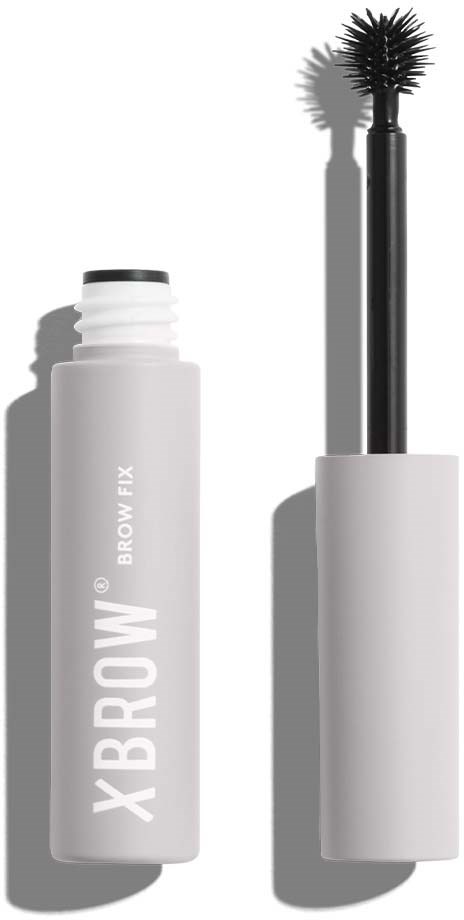 Een witte container met kwast voor wenkbrauwgel of fix, gelabeld "XBROW" en "BROW FIX."