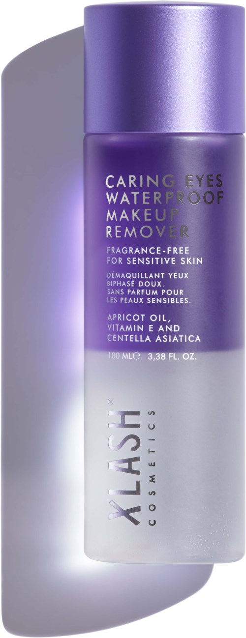 A purple and white bottle of eyelash water-proof makeup remover with brand name and product details.
