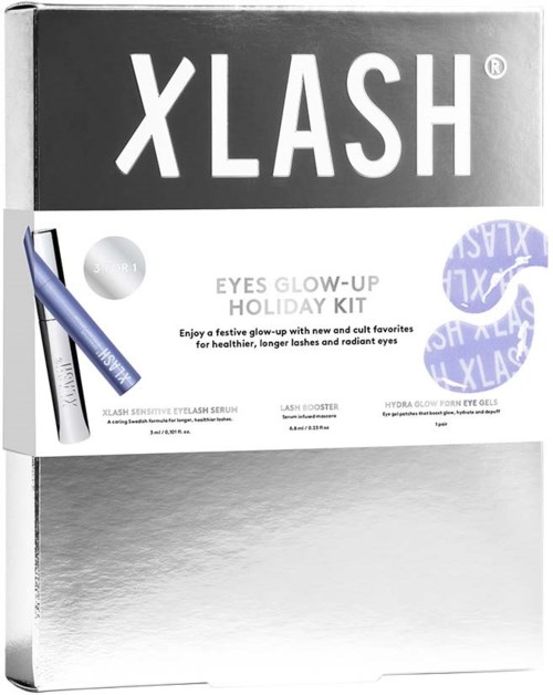 Box of XLASH eyes glow-up kit with serum, lash booster, and hydro glow eye gel. White and purple packaging.