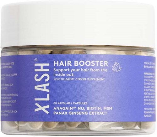 Container of hair growth capsules with blue label, contains ingredients like biotin, MSM, and ginseng extract.