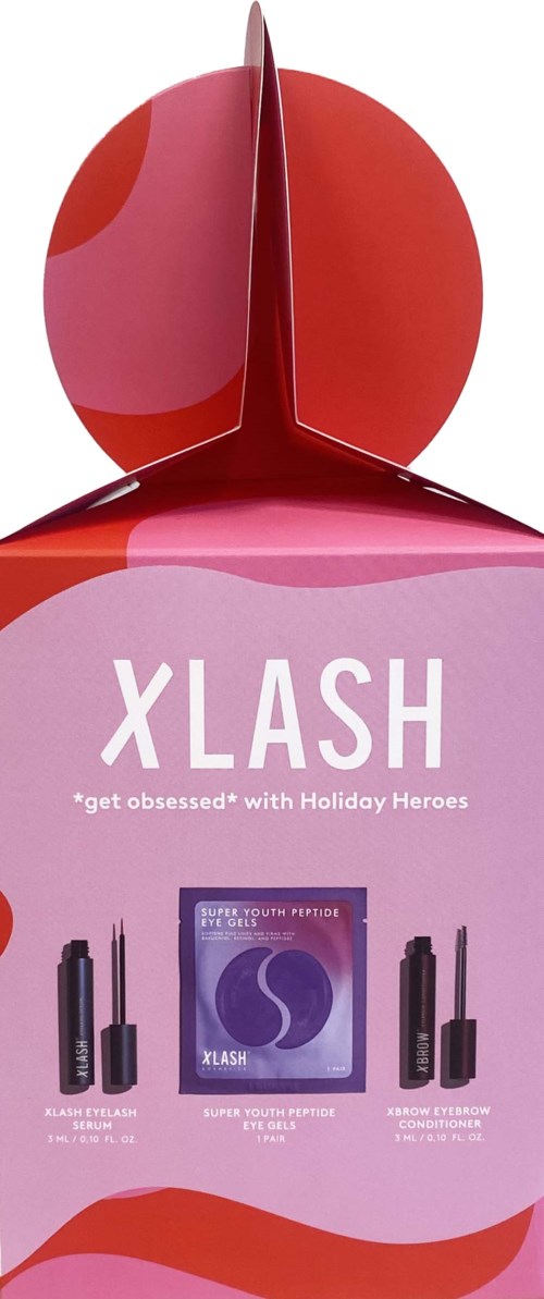 En rosa och röd box med ordet 'XLASH' och produkter för ögonbryns- och ögonfransvård.