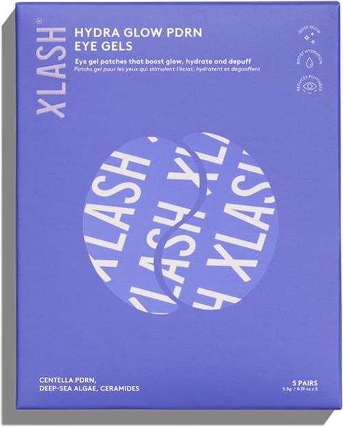 Een blauwe doos met witte tekst en cirkellogo voor Xlash Hydra Glow PDRN ooggels.