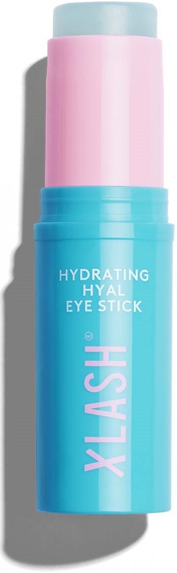 Een blauw en roze hydraterende oogstick met de merknaam XLASH erop.