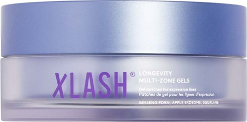 En burk med Xlash longevity multi-zone gels med lila och silveretiketter, avsedd för hudplåster och rynkor.