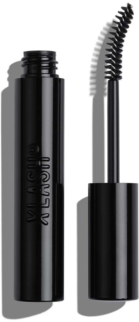 Een zwarte mascara-flacon met de wimperkwast eruit, die gebogen borstel voor wimpers toont.