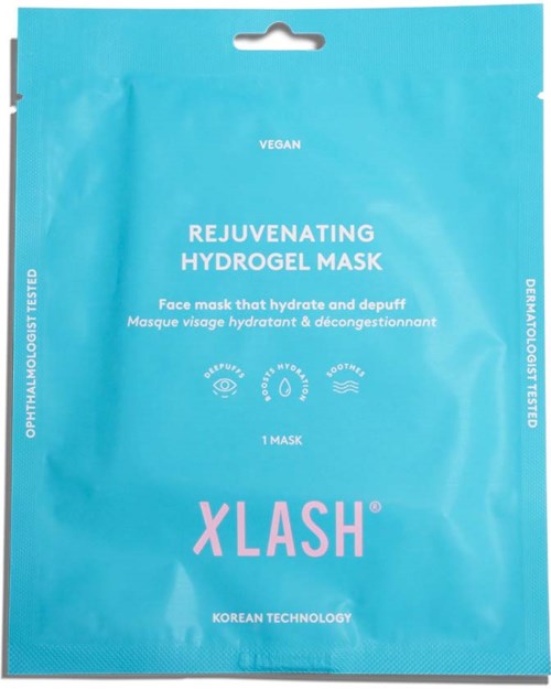 Veganer erfrischender Hydrogel-Maskenverpackung, blaue Farbe, mit Produktdetails und Marke XLASH.