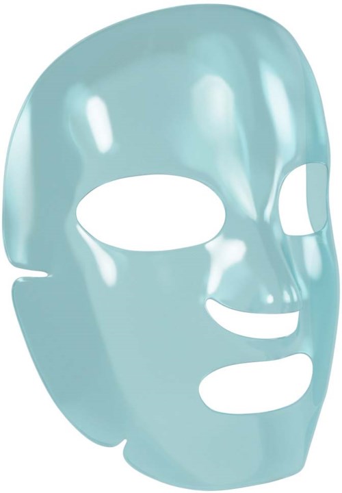 Eine glänzende, hellblaue Gesichtsmaske mit Augen-, Nasen- und Mundlöchern, für Hautpflege oder Schönheitsbehandlung.