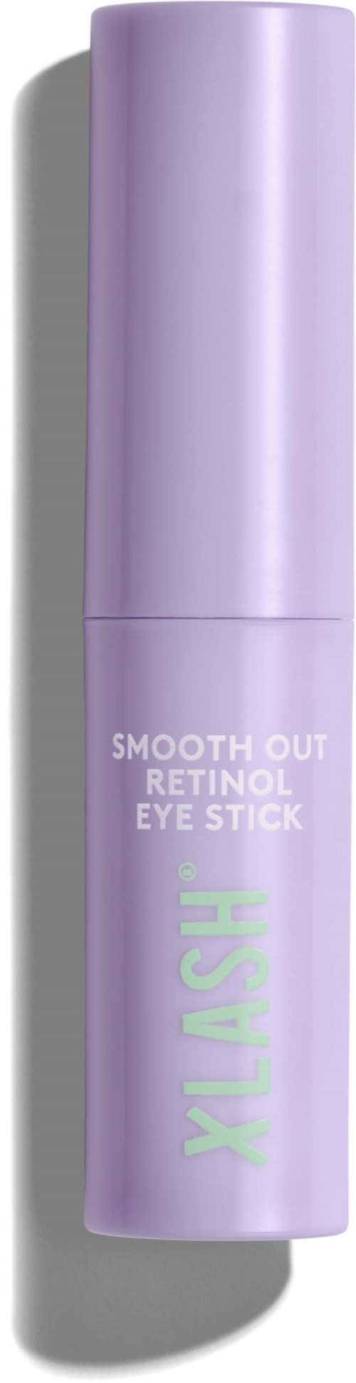 Een paarse cilindervormige fles met de tekst 'smooth out retinol eye stick' in groen en wit op een witte achtergrond.