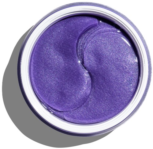 Violetti, kimalteleva, pyörteinen kosmetiikkavoide pyöreässä purkissa.