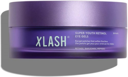 Een paarse verpakking met Xlash ooggels met productnaam en beschrijving op het etiket.