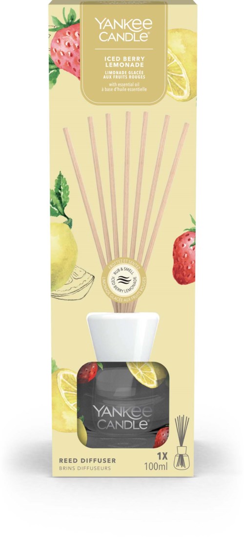 En doftpinnarflaska med citron, jordgubbe och pepparmint illustrationer, märkt Yankee Candle Iced Berry Lemonade doft.