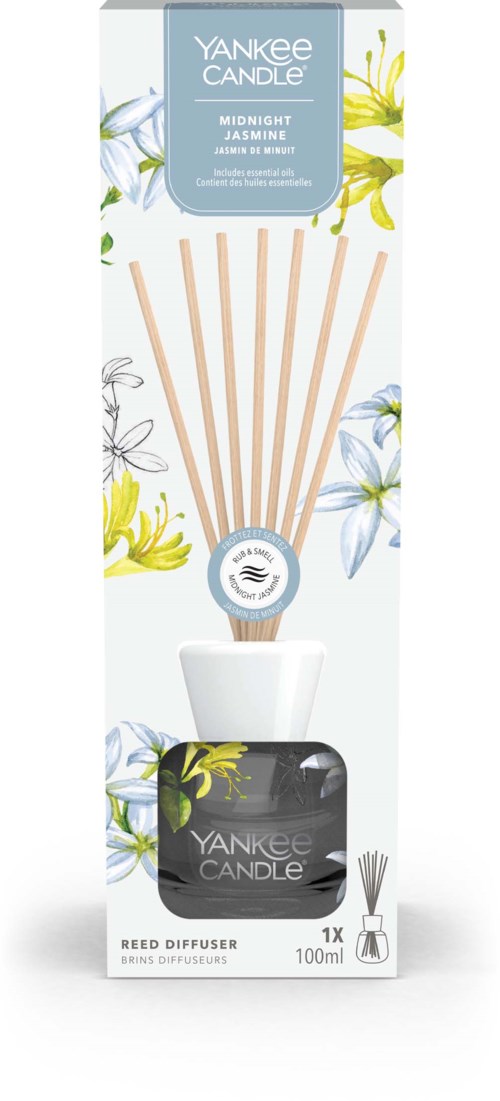 En låda med doftande reeddiffusorstavar, en svart behållare och blommönster på förpackningen.