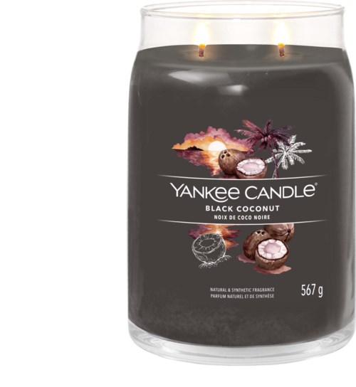 Kynttilä läpinäkyvässä astiassa mustalla vahalla, merkattu Yankee Candle Black Coconut, ja siinä on sytytyspuut.
