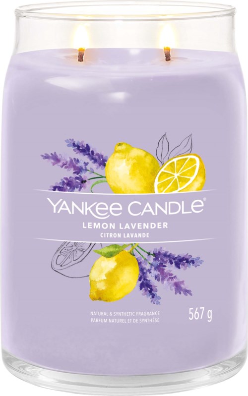 Lavendel- en citroengeurige kaars, paarse kleur, brandt met twee vlammen, van het merk Yankee Candle, 567 gram.