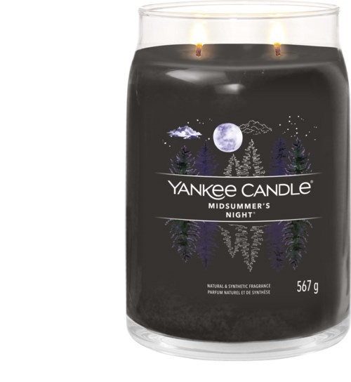 Eine schwarze Kerze mit Nachtszene und Mond, gekennzeichnet als Yankee Candle Midsummer's Night, wiegt 567 Gramm.