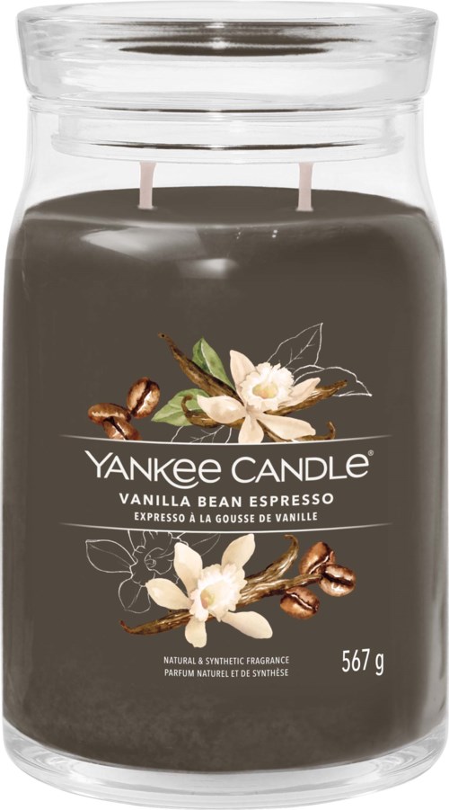 Donkergrijze Yankee Candle-pot met vaniliebloem en boonontwerp, gelabeld 'Vanilla Bean Espresso'.