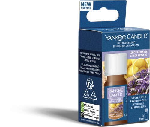 Dette er en eske for Yankee Candle med sitron lavendel duft, med bilder av sitron og lavendelblomster.