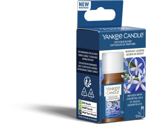 En liten brun flaska med Yankee Candle Midnight Jasmine-diffuser i en blå box med handtag, visar jasminblommor.