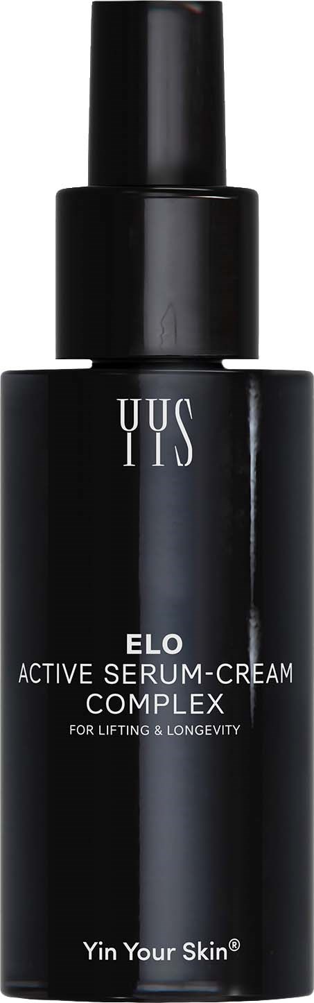 Musta pumppupullo, jossa lukee Ella Elo Active Serum-Cream kohotukseen ja kestävyyteen, by Yin Your Skin.