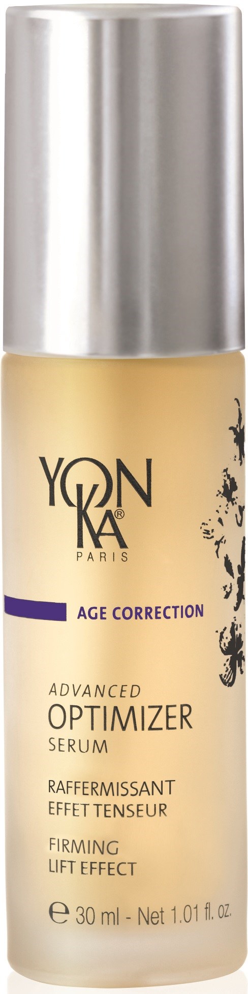 Eine Flasche YonKa Age Correction Advanced Optimizer Serum mit silberner Kappe und beiger Beschriftung.