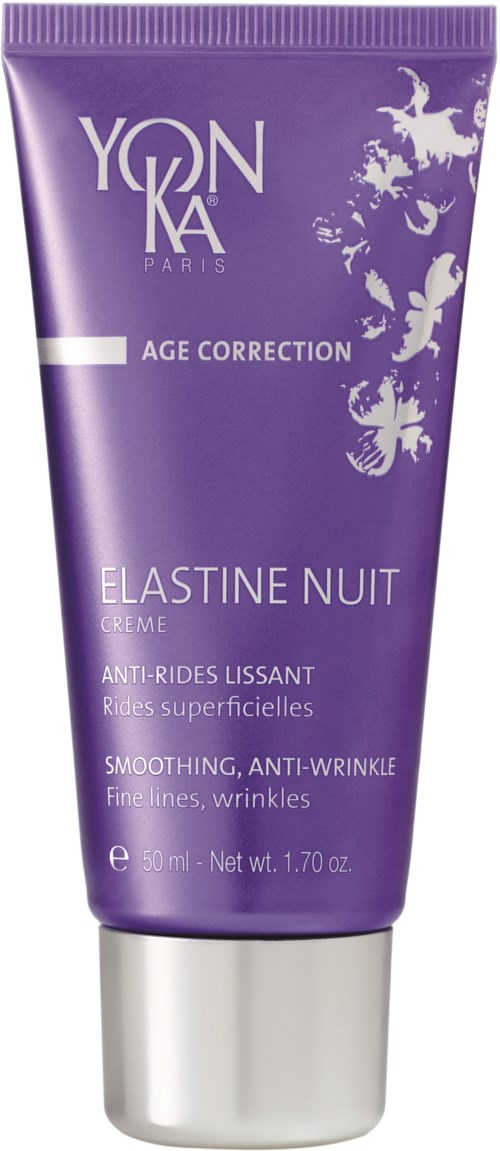 Ein lila Tube Yonka Age Correction Elastine Nuit Creme mit weißen und silbernen Texten und Löwengrafik.