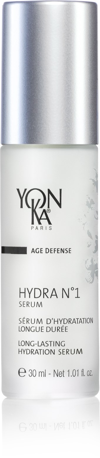 Eine weiße und silberne Flasche mit der Aufschrift 'Yonka Hydra N°1 Serum' für lang anhaltende Hauthydratation.