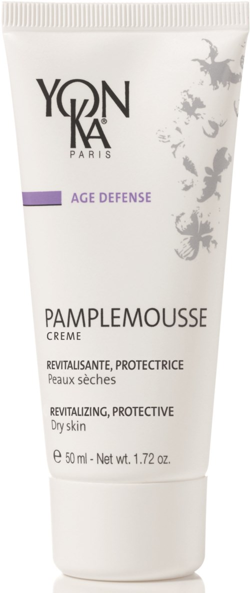 Eine weiße Tube Yves Rocher Pamplemousse Creme mit lila Etikett, für trockene Haut, mit revitalisierenden und schützenden Vorteilen.