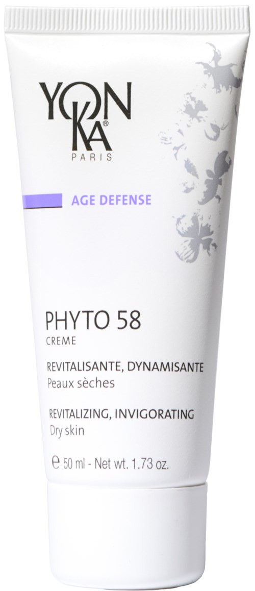 Eine weiße Tube Hautcreme von Yves Saint Laurent mit lila Akzenten für trockene Haut, 50 ml.